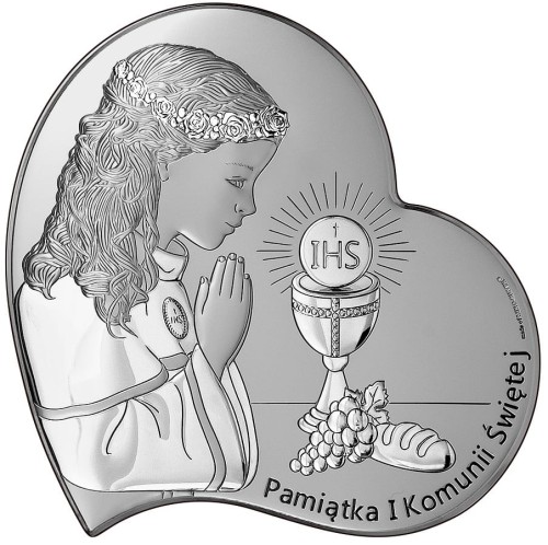obrazek srebrny pamiątka komunii dla dziewczynki
