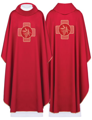 Czerwony ornat z symbolami eucharystycznymi