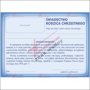 Świadectwo rodzica chrzestnego (paczka 50 szt.)