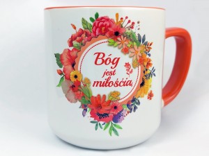 Kubek biało-pomarańczowy "Bóg jest miłością"