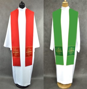 Stuła kapłańska zielono-czerwona z krzyżem Jerozolimskim