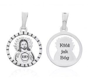 Medalik srebrny rodowany IHS Jezus - I Komunia Święta
