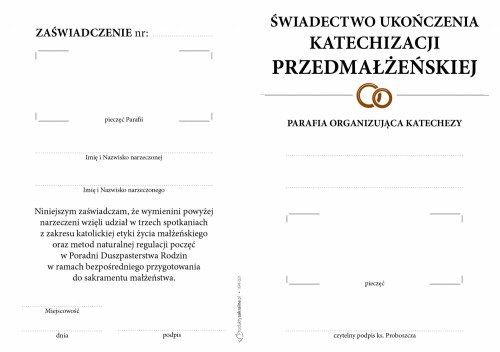Świadectwo ukończenia katechizacji przedmałżeńskiej
