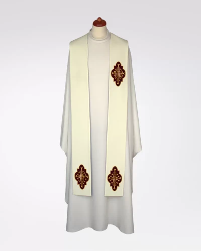 Stuła ecru z haftem IHS na aksamitnych aplikacjach