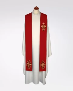 Stuła czerwona z haftem IHS na aksamitnych aplikacjach 4-387-2