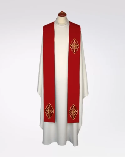 Stuła czerwona z haftem IHS na aksamitnych aplikacjach