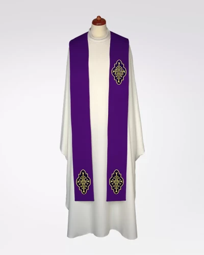 Stuła fioletowa z haftem IHS na aksamitnych aplikacjach