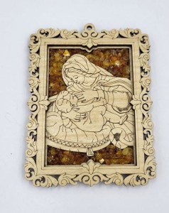 Drewniany magnes z bursztynem Matka Boża Karmiąca 