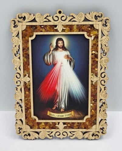 Obrazek z bursztynem - Jezus Miłosierny