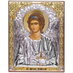 Anioł Stróż Ikona prostokątna na brązowej desce- w srebrze 