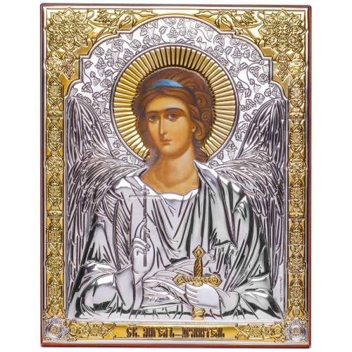 Anioł Stróż Ikona prostokątna na brązowej desce- w srebrze-1