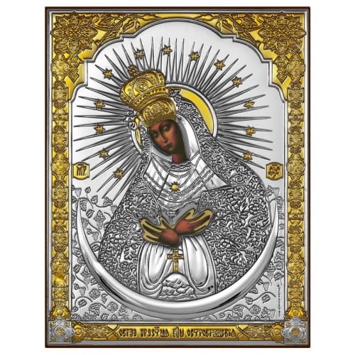 Matka Boża Ostrobramska Ikona prostokątna na brązowej desce-1
