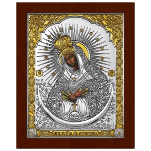 Matka Boża Ostrobramska Ikona prostokątna na brązowej desce z wgłębieniem tzw. kowczegiem