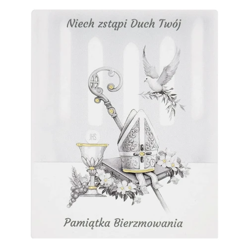 Obrazek na bierzmowanie malowany na drewnie , zdobiony złotą ręcznie malowaną farbą.