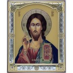  Ikona Chrystusa Nauczającego  na brązowej desce, za szkłem, srebrna ramka, złocenia 