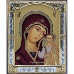 Ikona Matka Boża Kazańska na brązowej desce, za szkłem, srebrna ramka, złocenia