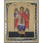 Archanioł Michał-Ikona na brązowej desce za szkłem, srebrna ramka, złocenia