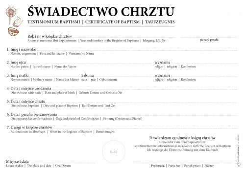Świądectwo Chrztu w 3-językach - (format A5) - 25 szt
