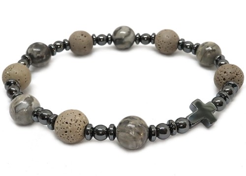 Bransoletka różaniec - dziesiąta z kamieni lawa, jaspis, hematyt