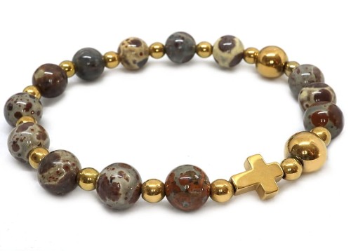 Różaniec bransoletka na rękę - dzisiątka, kamienie jaspis w złocie