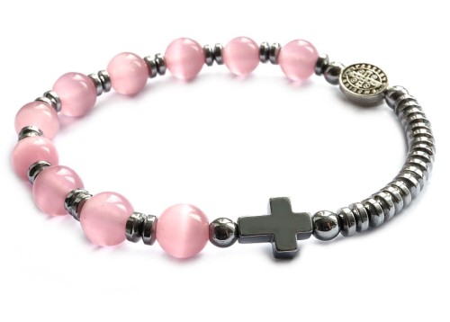 Bransoletka dziesiątka różańca na rękę - kocie oko różowe