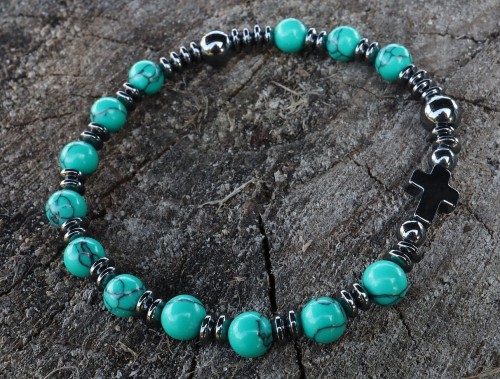 Bransoletka różaniec na rękę z kamieni - howlit turkusowy