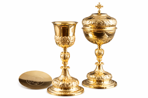 Złocony zestaw liturgiczny kielich z pateną IHS i puszką  na komunikanty