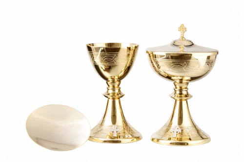 Zestaw liturgiczny złocony: kielich, puszka i patena – klasyczny ornament