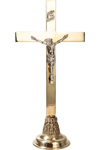 Mosiężny krzyż ołtarzowy złocony 46 cm z reliefem 12 Apostołów