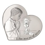 Pamiątka Pierwszej Komunii Świętej – obrazek srebrzony z modlącym się chłopcem