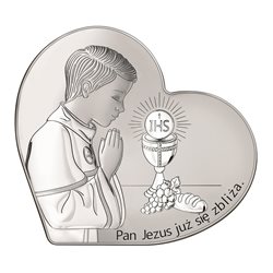 Pamiątka Pierwszej Komunii Świętej – obrazek srebrzony z modlącym się chłopcem