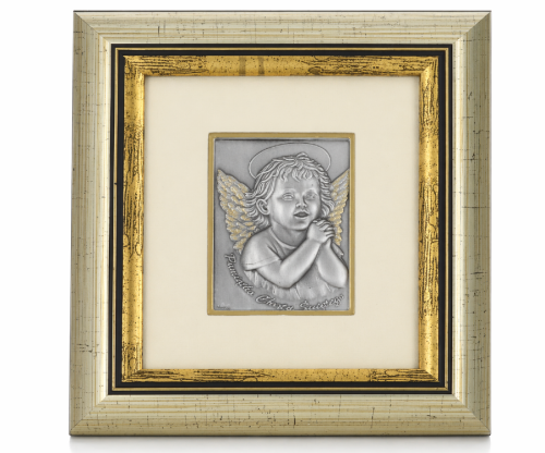 Obrazek srebrny wizerunek w drewnianej ramce - na pamiątkę Chrztu Św.