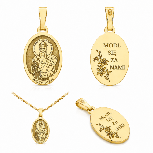 Medalik srebrny Ag 925 pozłacany ze Świętym Patrykiem