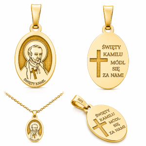Srebrny, pozłacany medalik z wizerunkiem Świętego Kamila de Lellis