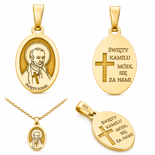 Srebrny, pozłacany medalik z wizerunkiem Świętego Kamila de Lellis