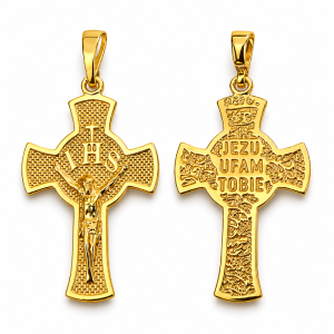 Złoty krzyżyk z Jezusem i grawerem „Jezu ufam Tobie” – srebro pozłacane 925