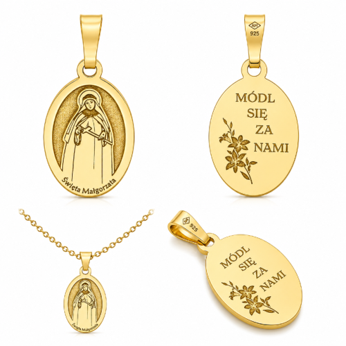 Medalik Święta Małgorzata patronka kobiet i położnic srebro pozłacane Ag 925