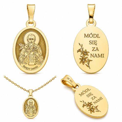 Medalik srebrny pozłacany 925 – Święty Dawid patron muzyków, śpiewaków, poetów i górników