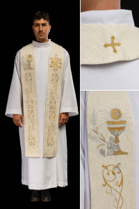 Stuła kapłańska z haftowanym IHS i kielichem eucharystycznym ecru