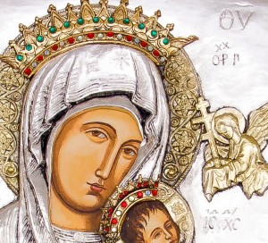 Ikona Koronowanej Matki Bożej Nieustającej Pomocy, ręcznie malowana, srebrzona i złocona