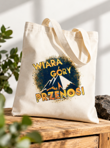 Torba bawełniana „Wiara góry przenosi” – beżowa z kolorowym nadrukiem