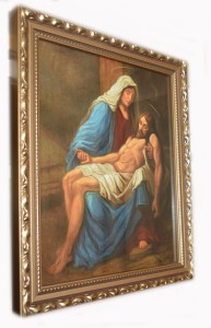 Obraz religijny w ramie drewnianej za szkłem