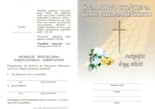 Świadectwo ukończenia kursu przedmałżeńskiego-1