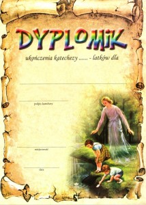 Dyplomik ukończenia katechezy z wizerunkiem Anioła Stróża z dziećmi.