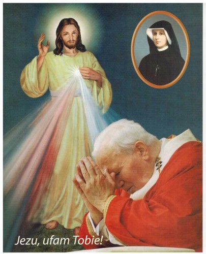 Obrazek z Jezusem Miłosiernym, Świętą Faustyną oraz Janem Pawłem II